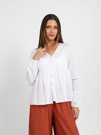 Textured Trimmed V Neck Blouse