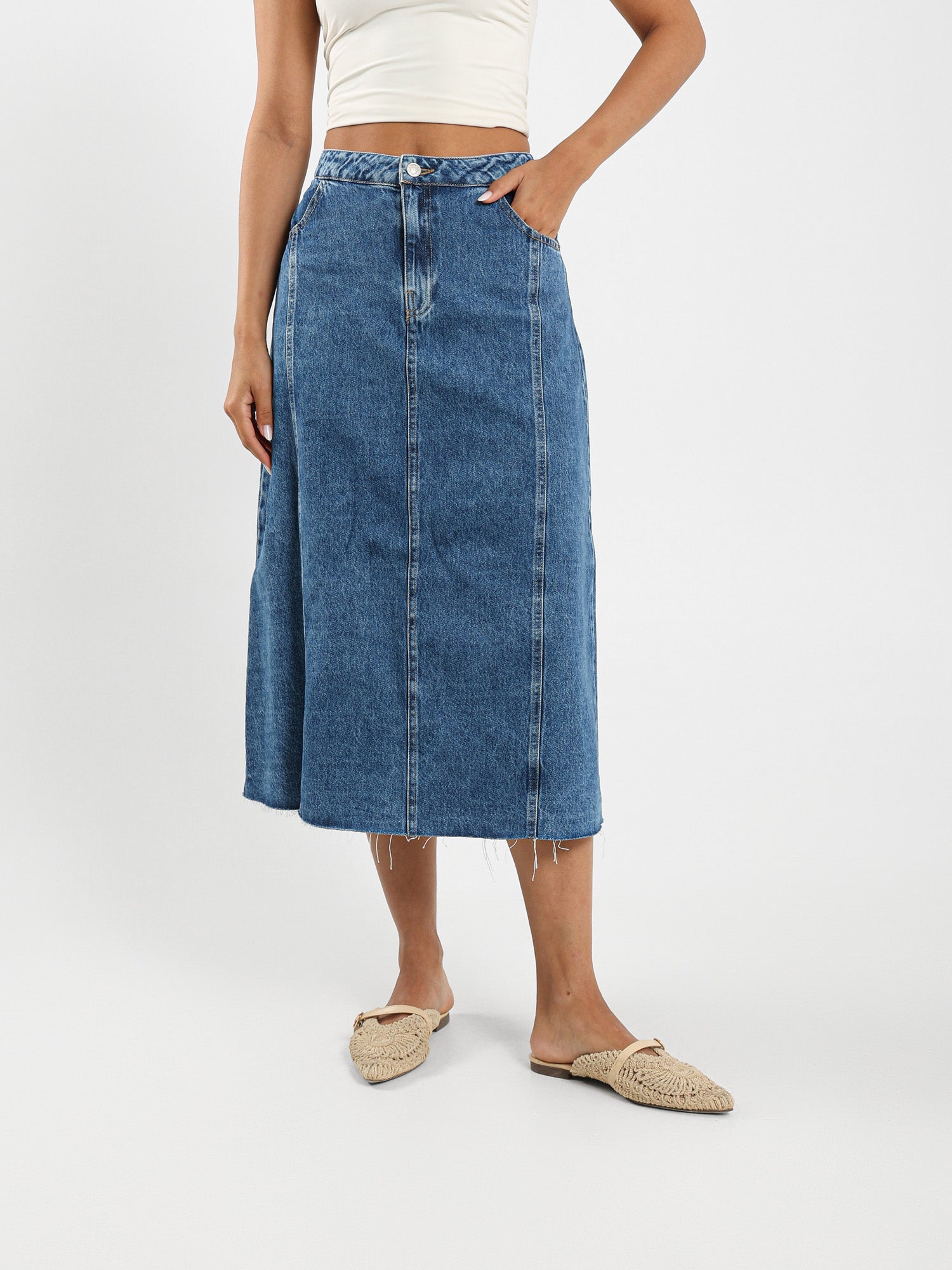 Crossover Look Midi Denim Skirt