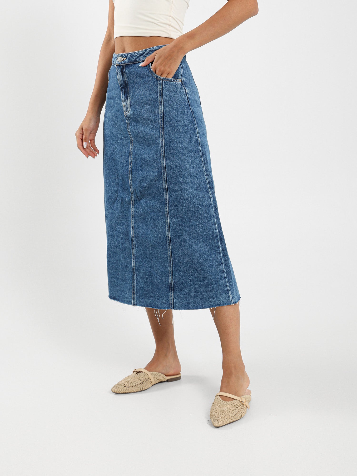 Crossover Look Midi Denim Skirt