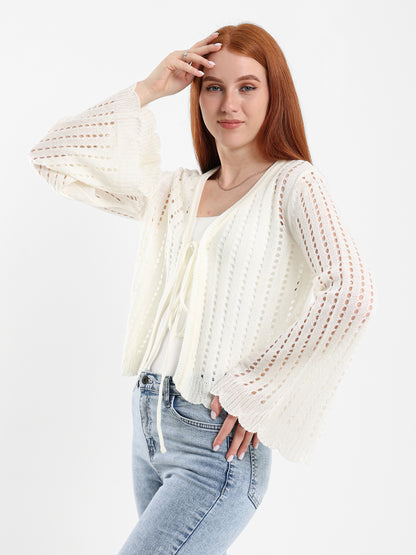 Cropped Openwork Tie-Front Cardigan