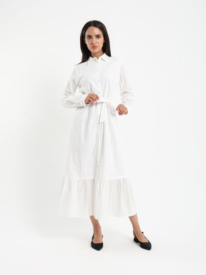 Button-Front Midi Broderie Dress