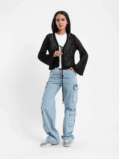Cropped Openwork Tie-Front Cardigan