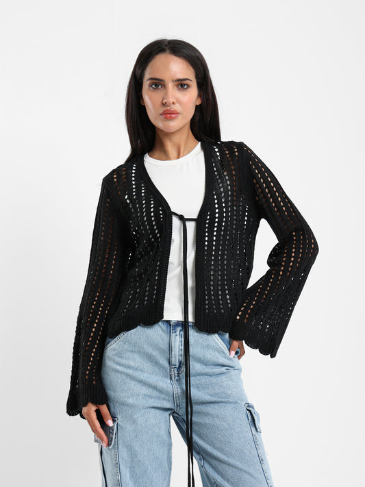 Cropped Openwork Tie-Front Cardigan