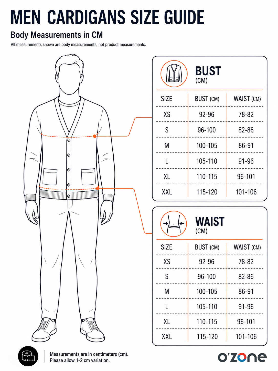 Men | Cardigans Size Guide