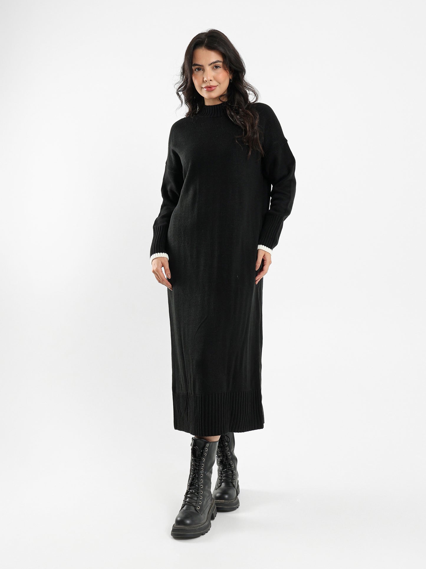 High Neck Midi Dress with Tone-to-Tone Cuffs