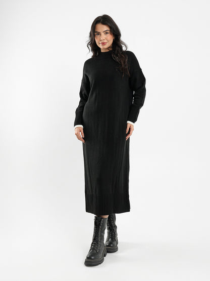 High Neck Midi Dress with Tone-to-Tone Cuffs