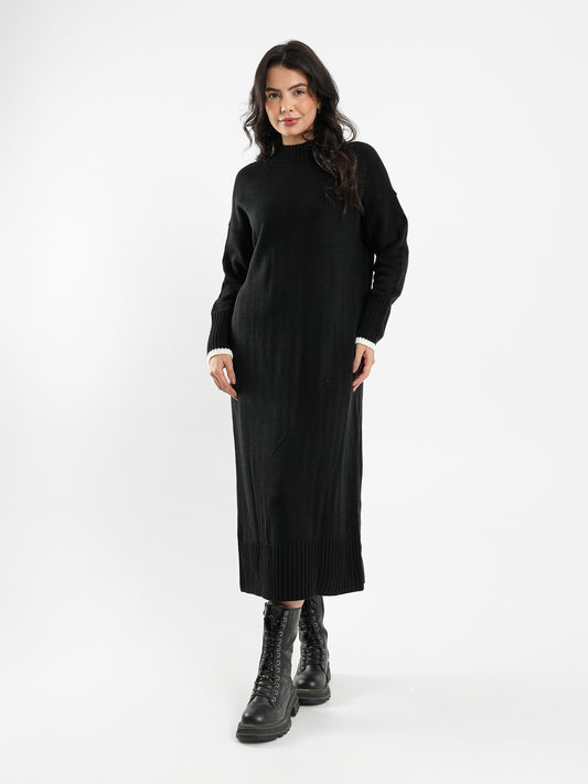 High Neck Midi Dress with Tone-to-Tone Cuffs