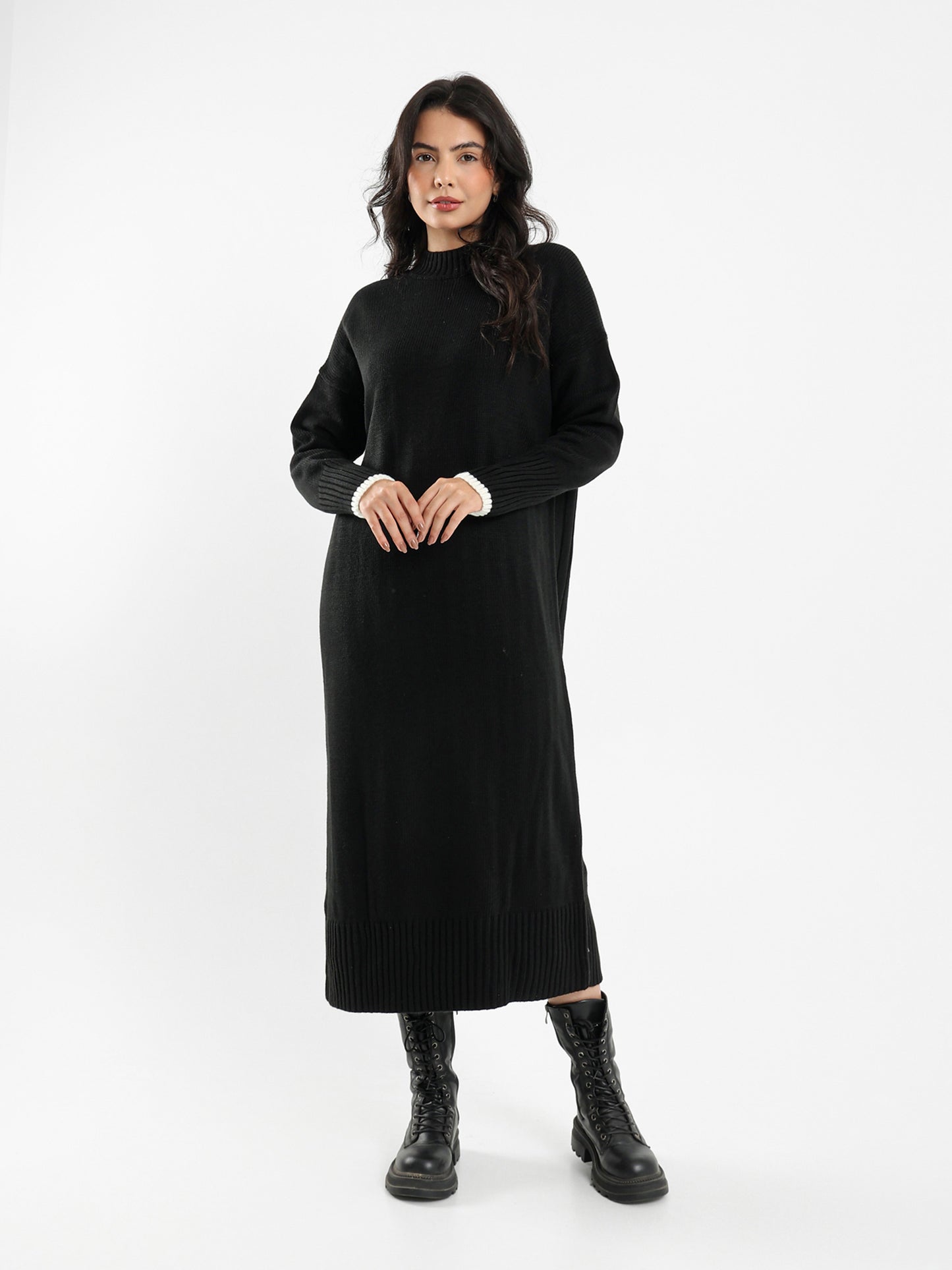 High Neck Midi Dress with Tone-to-Tone Cuffs