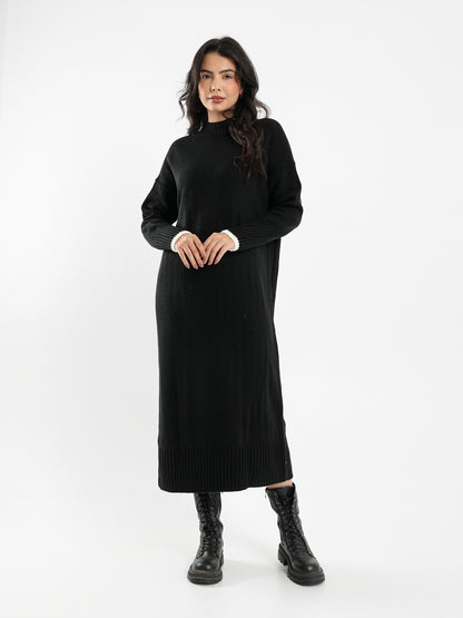 High Neck Midi Dress with Tone-to-Tone Cuffs