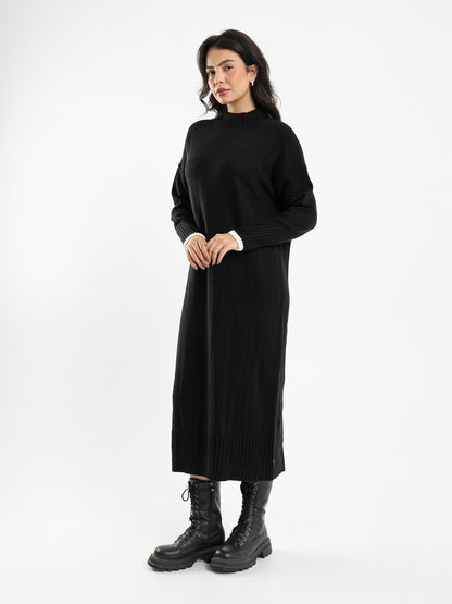 High Neck Midi Dress with Tone-to-Tone Cuffs