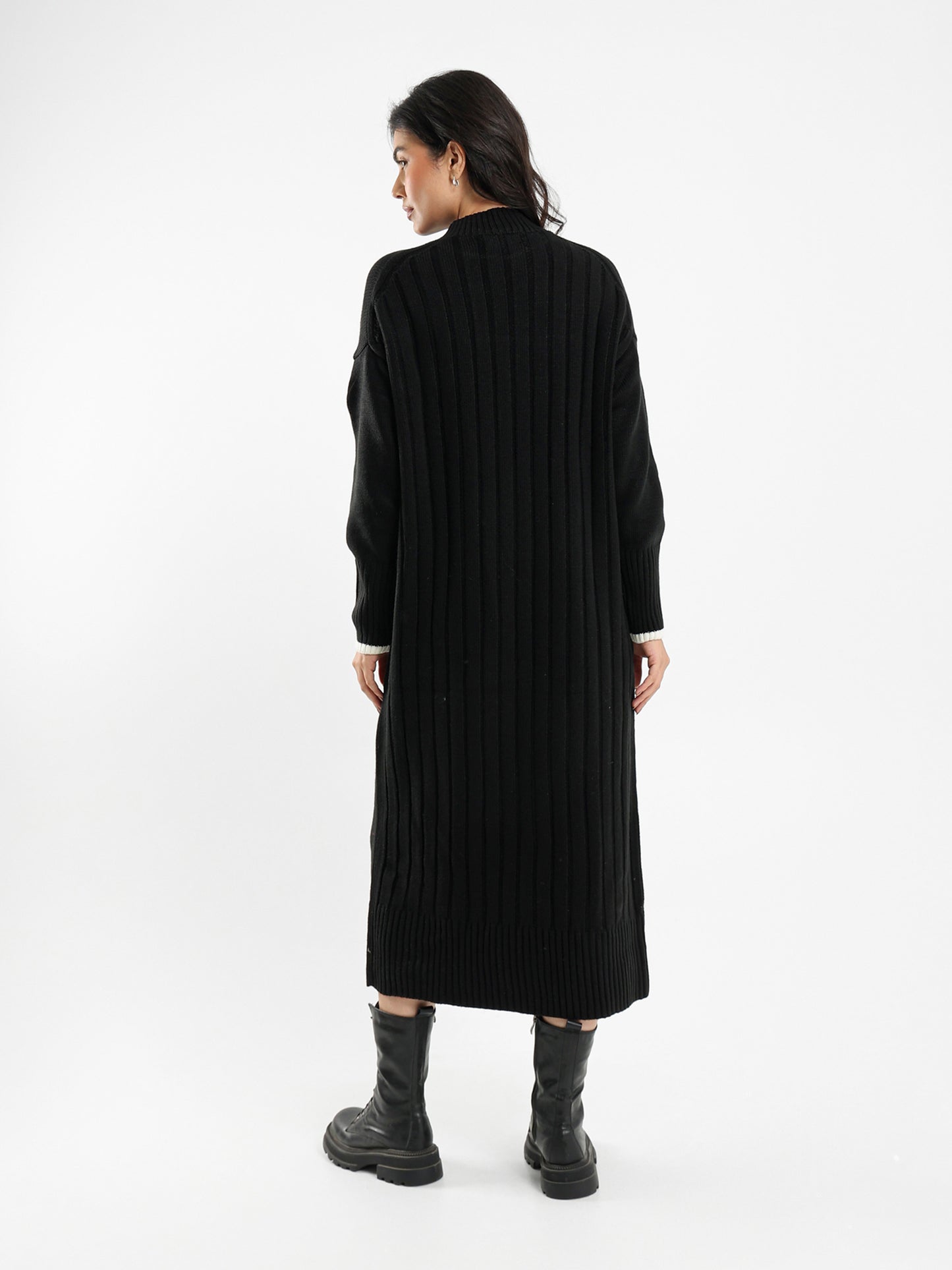 High Neck Midi Dress with Tone-to-Tone Cuffs