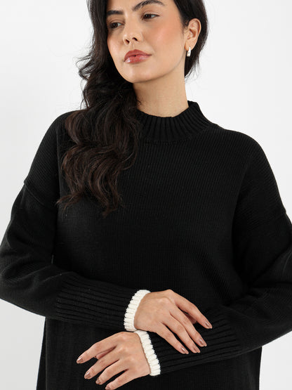 High Neck Midi Dress with Tone-to-Tone Cuffs